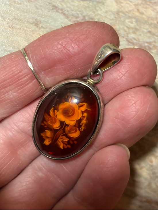 Vintage Jewelry - VintagePoland Sterling Silver Oval Amber? Possibly?Cabochon With Flowers Pendant